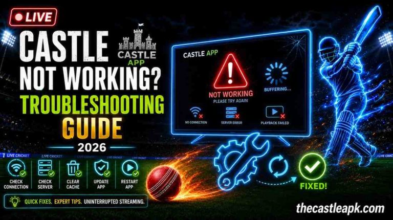 Castle App not working troubleshooting guide 2026 showing error fixes, buffering solutions, and quick steps to restart cricket live streaming.