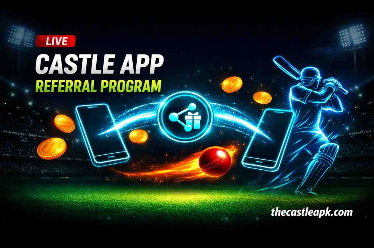 Castle App Referral Program banner showing two phones sharing rewards and coins for inviting friends to free cricket streaming.