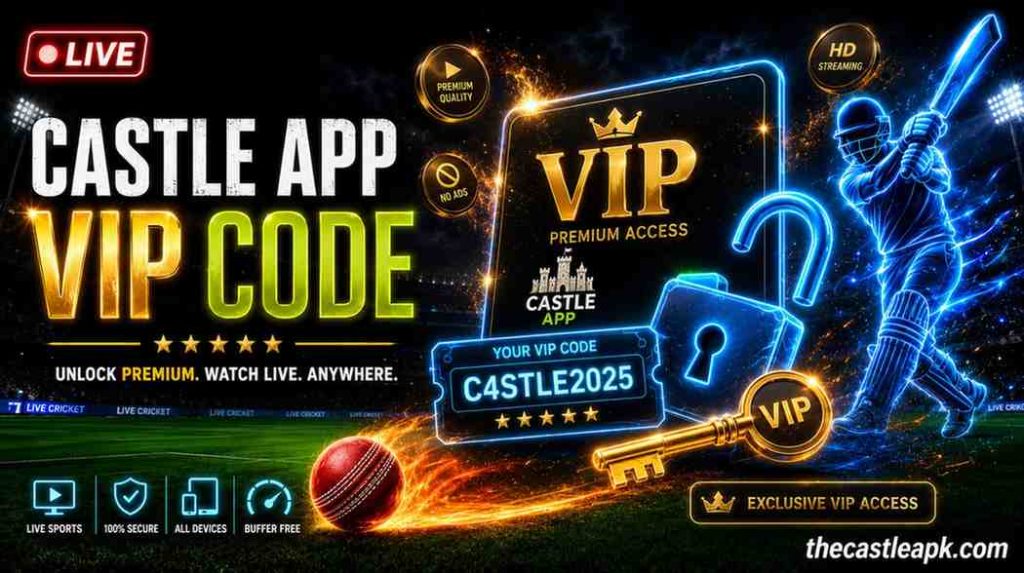 Castle App VIP Code banner offering premium access, HD streaming, no ads, and exclusive VIP unlock for free live cricket.